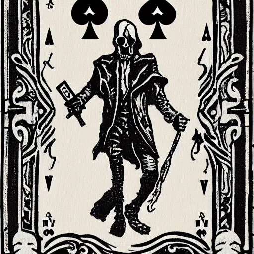 Prompt: a grim reaper playing poker in hell holding up a ace of spade as card and flips over a other card, 8 k, realistic