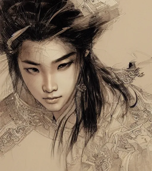 Image similar to hua mulan, pen and ink, intricate line drawings, by craig mullins, ruan jia, kentaro miura, greg rutkowski, loundraw