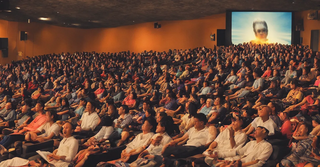 Image similar to Souls sit in the cinema and watch very interested bright light of consciousness projecting their lives on the big wide screen in front of room, realistic image full of sense of spirituality, life meaning, meaining of physical reality, happy atmosphere, by Lee Madgwic