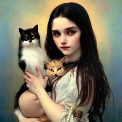 Image similar to baby - face goth girl with long dark hair parted sideways thick eyebrows and dark eyes, she is holding a cat in her arms, by juan villafuerte, greg rutkowski and alphonse mucha, pexels contest winner, high quality photo, rtx, hd