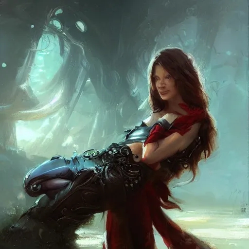 Image similar to a portrait of a character in a scenic environment by Raymond Swanland