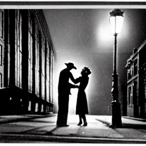 Prompt: random film still from a 1 9 4 0's film noir movie with a man and woman kissing under a street light