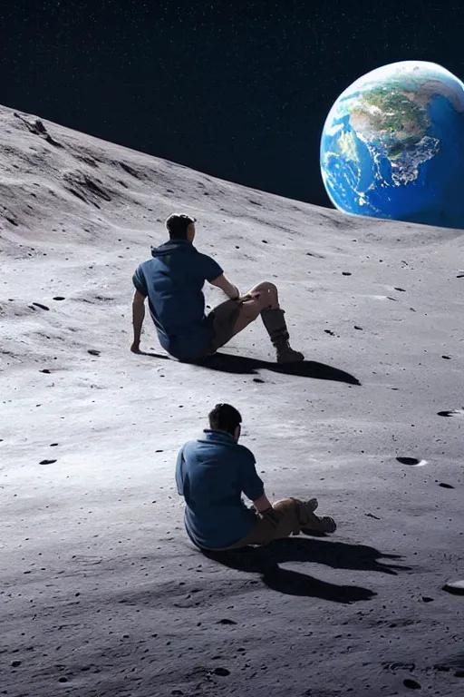 Prompt: Man sitting on the moon with a view of the earth in the background, elegant, digital painting, highly detailed, artstation, concept art, smooth, sharp focus, illustration, art by artgerm and greg rutkowski.