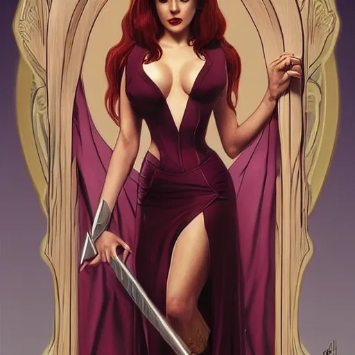 Image similar to buffy the vampire slayer dressed as jessica rabbit holding a large wooden stake, intricate, elegant, highly detailed, digital painting, artstation, concept art, matte, sharp focus, illustration, in the style of magic the gathering, art by artgerm and greg rutkowski and alphonse mucha