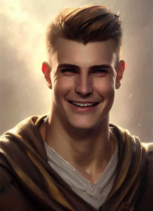 Image similar to a _ fantasy _ style _ portrait _ painting _ of white male short fringe light brown hair short face grinning clean shaven short head, rpg dnd oil _ painting _ unreal _ 5 _ daz. _ rpg _ portrait _ extremely _ detailed _ artgerm _ greg _ rutkowski _ greg