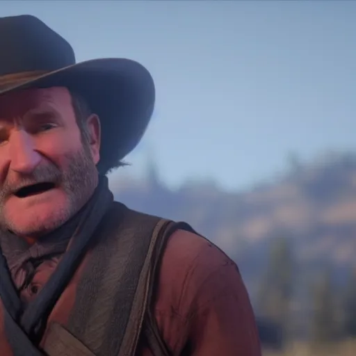 Prompt: Film still of Robin Williams, from Red Dead Redemption 2 (2018 video game)