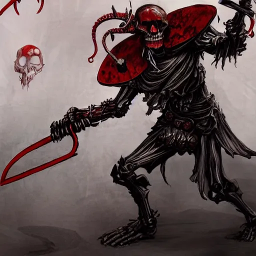 Image similar to concept art of skeleton holding a medieval shield and spear, d & d surrounded by red evil death tentacles, hyper detailed, hyper realistic, dark atmosphere, full body, full frame in the style of frank frazetta