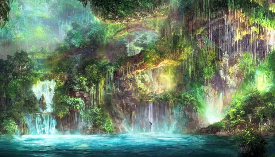 Prompt: concept art of a huge underground jungle cave with waterfalls, lakes, luminescent plants, colorful, high detailed, ultra realistic