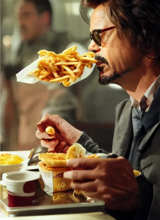 Image similar to a full portrait photo of robert downey jr eating mcdonald in movie iron man, f / 2 2, 3 5 mm, 2 7 0 0 k, lighting, perfect faces, award winning photography.