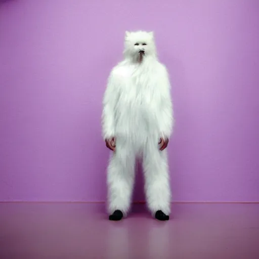 Image similar to A photo of a white fur monster standing in a purple room