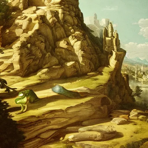 Prompt: a Pepe The Frog by Ansel Adams and Bernardo Bellotto, oil on canvas, artstation, dramatic scenery, masterpiece, aesthetic