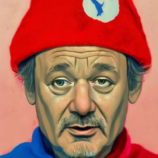 Prompt: bill murray as steve zissou, wes anderson, oil painting