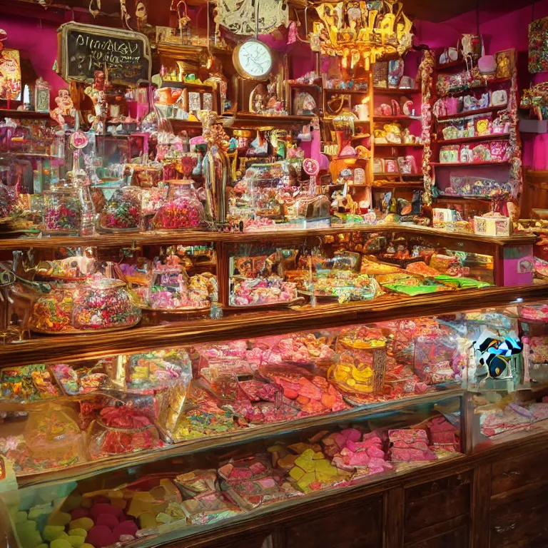 Prompt: Inside a magical old fashioned sweet shop, fantasy vendor interior, wide angle, cinematic shot, highly detailed, cinematic lighting , photo-realistic, colorful