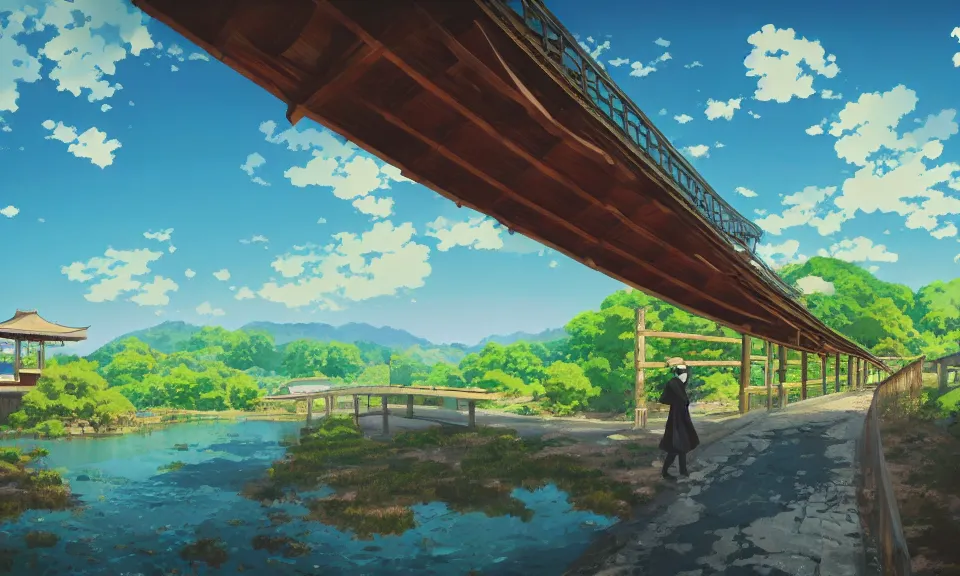 Image similar to kyoto animation still of confusion and fear, bridge, rural landscape, wide shot, dynamic lighting, vivid colors, high detail, award winning