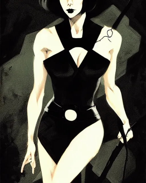 Prompt: rafael albuquerque comic art, peter mohrbacher, phil noto, artgerm, pretty mary elizabeth winstead witch, black dress, symmetrical eyes, long blonde hair