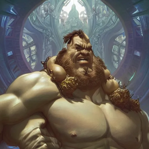 Image similar to hulking herculean ogre jesus christ, masterpiece, intricate, elegant, highly detailed, digital painting, artstation, concept art, smooth, sharp focus, illustration, art by artgerm and greg rutkowski and alphonse mucha and uang guangjian and gil elvgren and sachin teng, symmetry!!