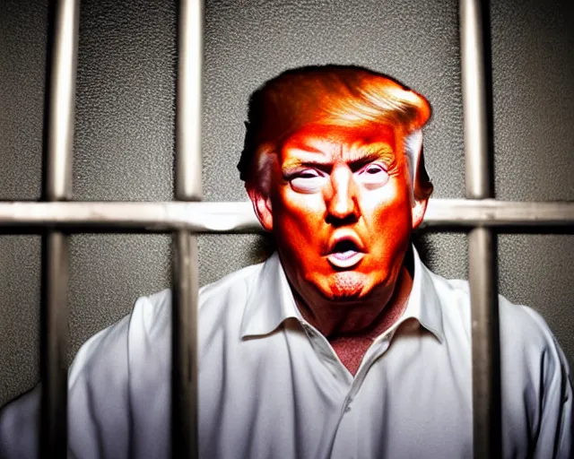 Image similar to closeup portrait of of angry donald trump wearing orange prison pajamas locked up in an prison jail cell, cinematic masterpiece, octane, dramatic lighting, very detailed