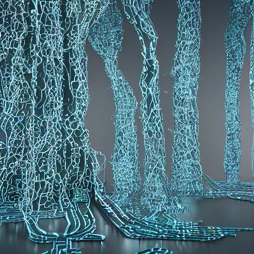 Image similar to trees made from densely detailed circuits and transistors, led, translucent pastel berk, hyperrealistic vfx render h 1 0 2 4