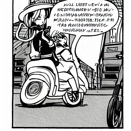 Prompt: a drawing of a man and a woman riding a scooter, a comic book panel by hiromu arakawa, featured on pixiv, tachisme, rtx, anime, art