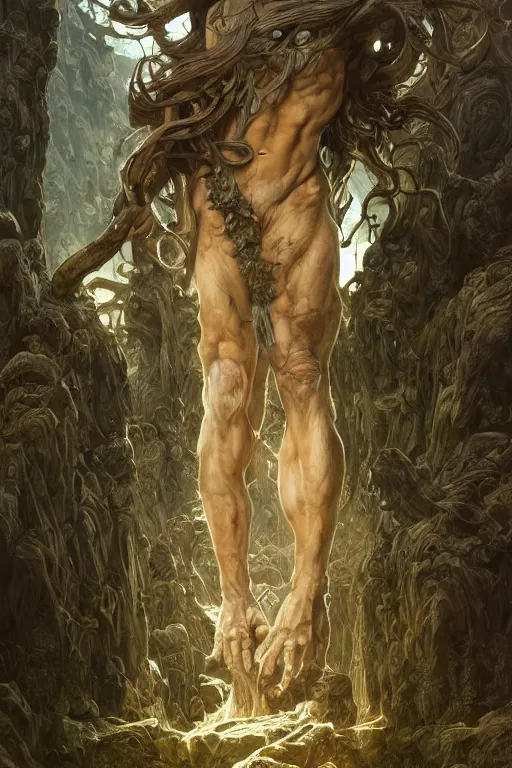 Image similar to portrait of stone henge as a hulking herculean demon, forest, godlike, full body, fantasy, intricate, elegant, highly detailed, digital painting, artstation, concept art, sharp focus, illustration, art by artgerm and greg rutkowski and alphonse mucha