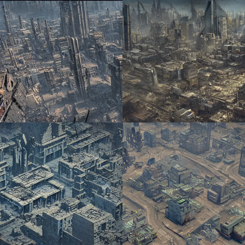 Prompt: Postapocalyptic city from above, photorealism