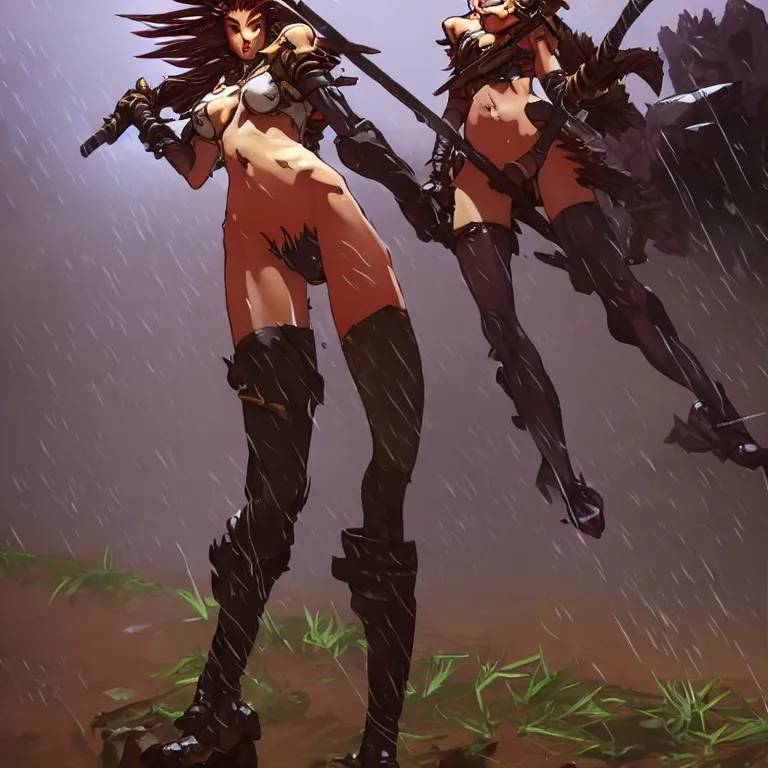 Prompt: an anthro maned wolf girl standing in the muddy rain, standing on an outcropping with a spear in her hands. league of legends splash art by yoji shinkawa and kev walker