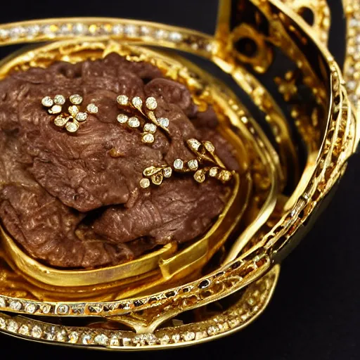 Image similar to a wonderful ring, 24K gold, golden beef stroganoff with encrusted diamonds