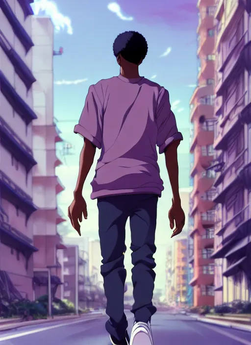 Image similar to handsome hip hop young black man walking down the street, joyful, anime style, scenery wallpaper aesthetic, pastel colors, symmetrical face, cinematic, dramatic, super detailed and intricate, hyper realistic, 4 k render, by artgerm, by kyoung hwan kim, by ralph mcquarrie, by yoshiyuki tomino