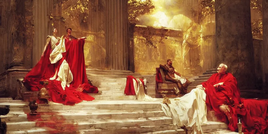 Image similar to beautiful oil painting, steve buscemi in royal crimson robes enthroned as the god emperor of ancient rome a golden wreath upon his head, by anders zorn, wonderful masterpiece by greg rutkowski, beautiful cinematic light, american romanticism, by thomas lawrence, greg rutkowski