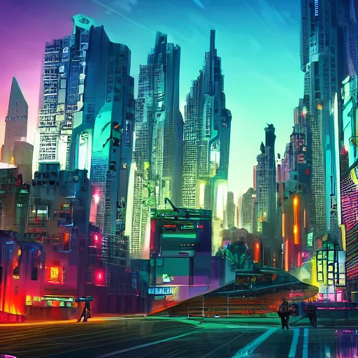 Image similar to Futuristic colorful city, 4k, cinematic, trending on artstation, high quality,