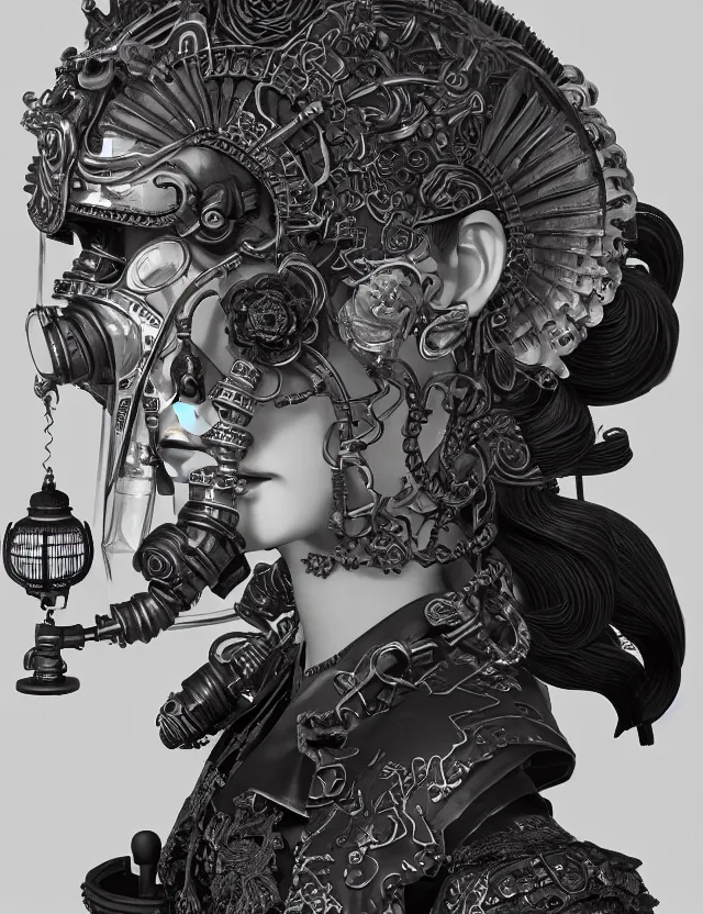 Image similar to 3 d goddess close - up profile punk portrait with vintage gas mask ram skull. beautiful intricately detailed japanese crow kitsune mask and clasical japanese kimono. betta fish, jellyfish phoenix, bio luminescent, plasma, ice, water, wind, creature, artwork by tooth wu and wlop and beeple and greg rutkowski