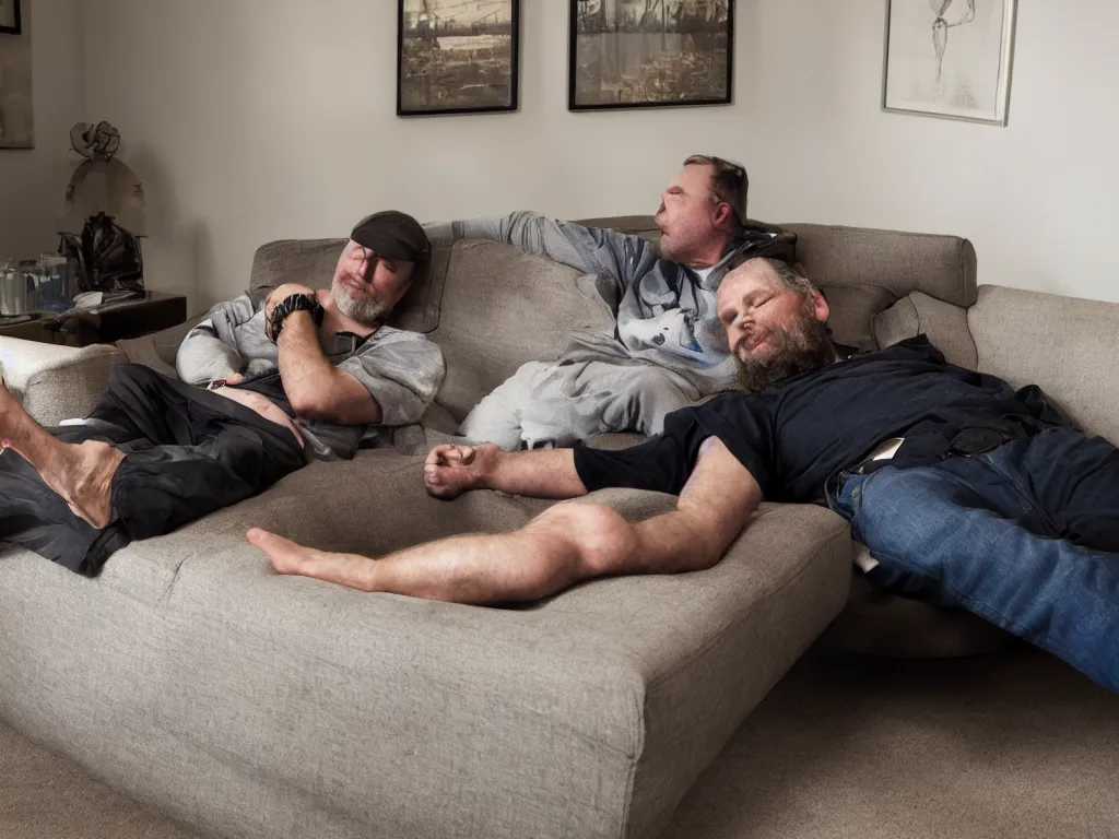 Image similar to Barret Wallace lying on a sofa at a psychotherapy session and telling his issues to his therapist, Nikon D810 , ISO 64 , focal length 20mm, Aperture f/9, Exposure Time 1/40, award-winning National Geographic photo, sharp focus