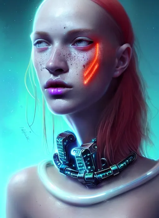 Prompt: beautiful scandinavian female humanoid with freckles, by loish, d & d, fantasy, cyber neon lighting, futurism, intricate futuristic jewelry accessories, cyberpunk high fashion glossy latex swimsuit, profile posing, perfect anatomy, hyper photorealistic, digital photography, artstation, pinterest, concept art, art by pascal blanche and greg rutkowski,