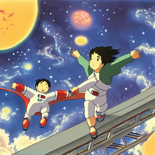 Prompt: A painting of spirits flying in space by Studio Ghibli