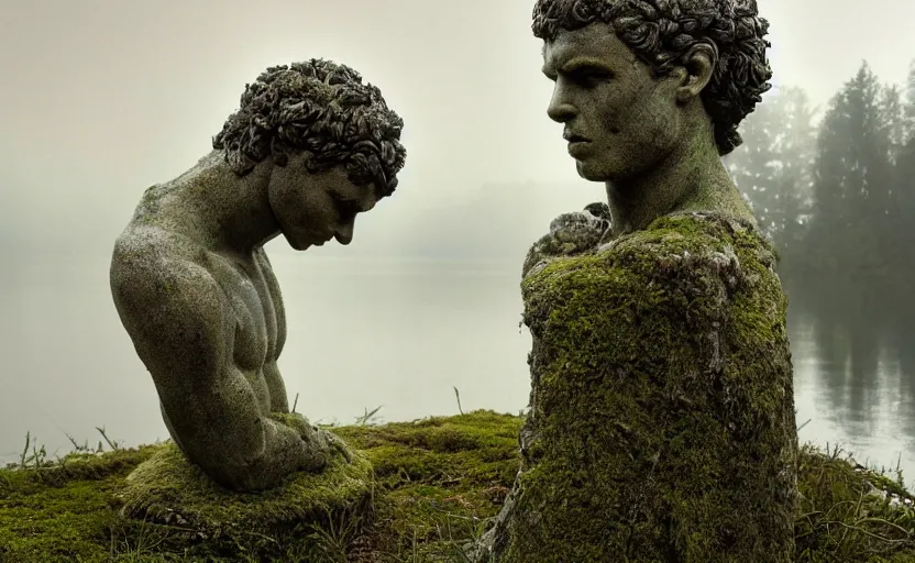 Image similar to a mossy marble statue of Cristiano Ronaldo abandoned in the middle of a forest near a lake at sunset by Greg Rutkowski, concept art, godrays, complementary colors, calm, relaxing, beautiful landscape, highly detailed, high quality, 4k HDR, path tracing, serene landscape, high coherence, soft lighting