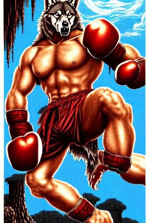 Prompt: extreme long shot. 8 bit nes graphics. antropomorphic muscular masculine wolf. kickboxer fighter, in shorts. wolf head. fine details, art from nes game cartridge, marc simonetti and hermann nitsch