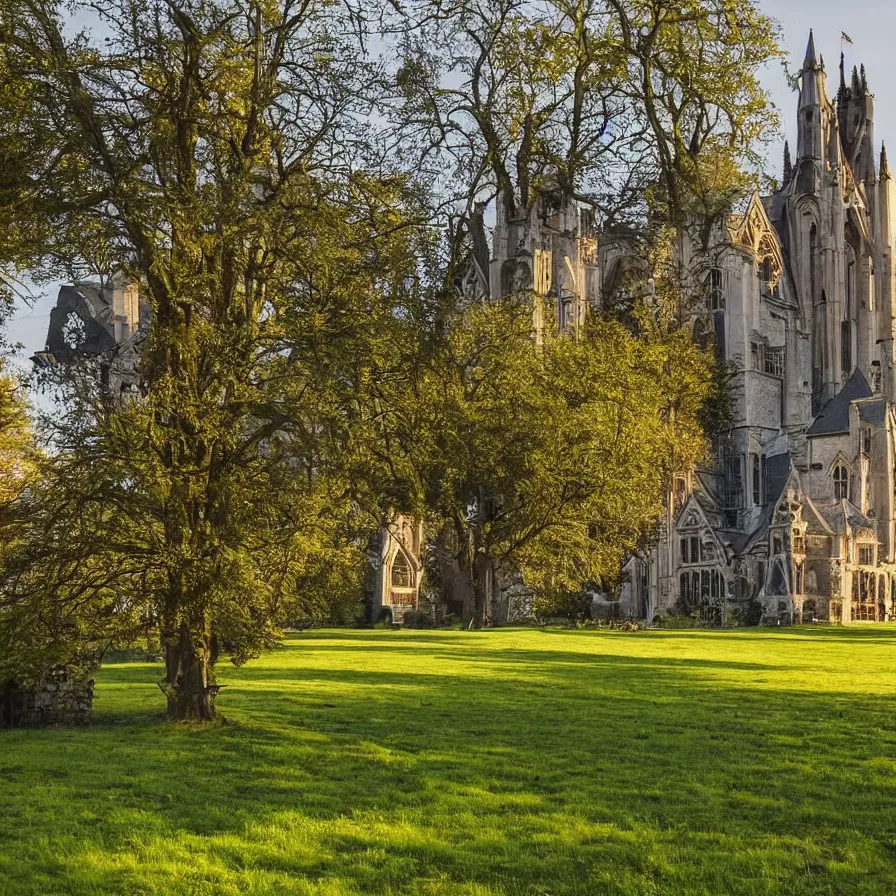 Image similar to a Tudor style village in the shadows of an enormous Gothic Revival architecture castle in a lovely meadow at dusk