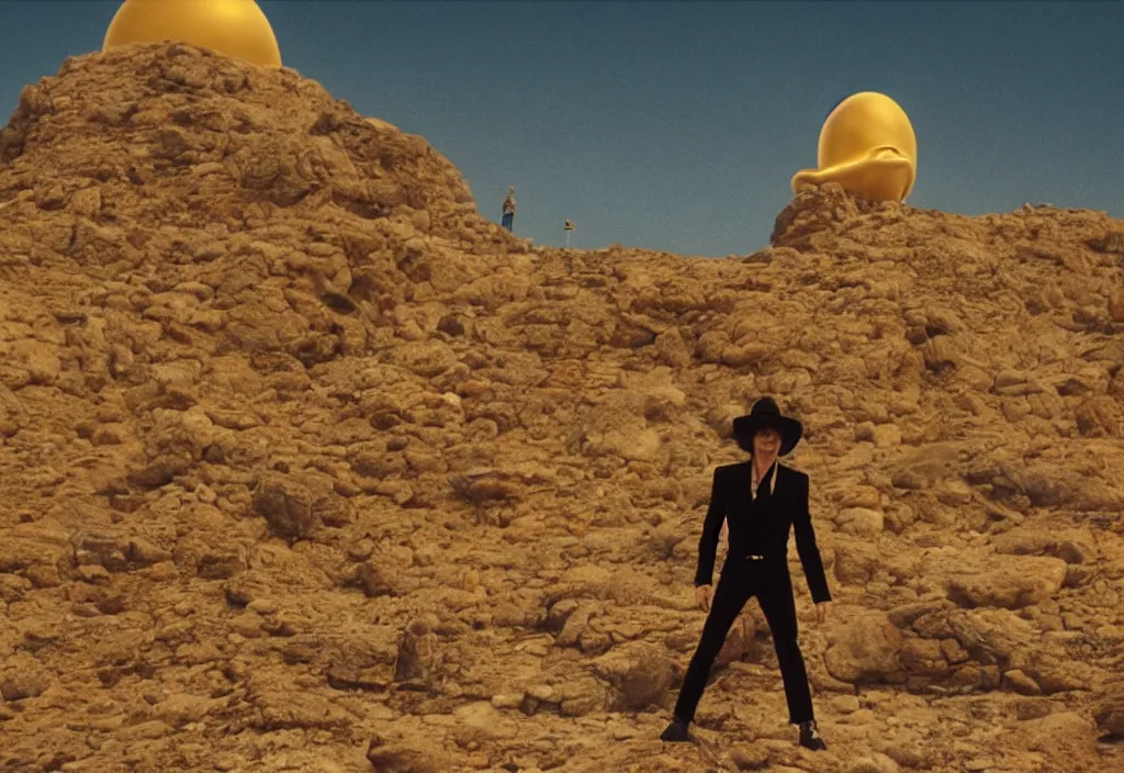 Prompt: mick jagger dressed in golden costume with jewels in a dry rocky desert landscape, with alien complex city beneath the sand and giant alien spaceship in the sky attacks the earth by christopher doyle and alejandro jodorowsky, anamorphic lens, kodakchrome, cinematic composition, masterpiece, 8 k