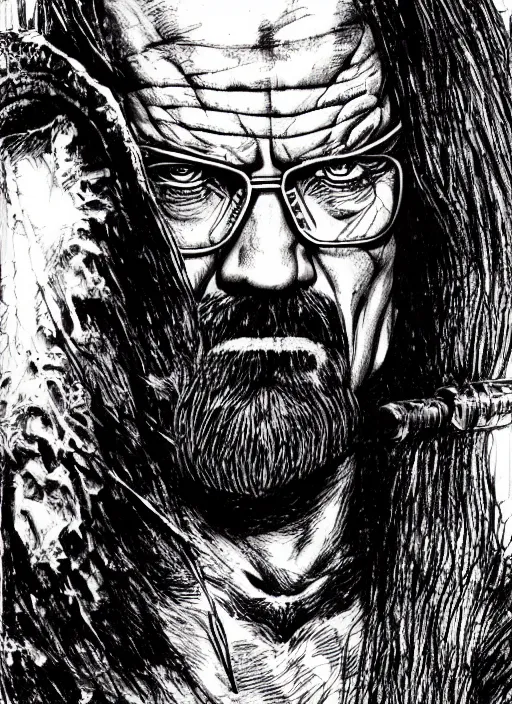 Prompt: walter white as conan the barbarian, by steampoweredmikej, by tim bradstreet, inktober, ink drawing, black and white, coloring pages, manga, highly detailed