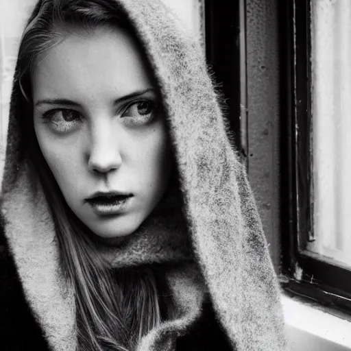 Prompt: black and white fashion photograph highly detailed portrait of a depressed beautiful 30 years old model woman standing by the window, natural light, rain, mist, lomo, fashion photography, film grain, soft vignette, sigma 85mm f/1.4 1/10 sec shutter