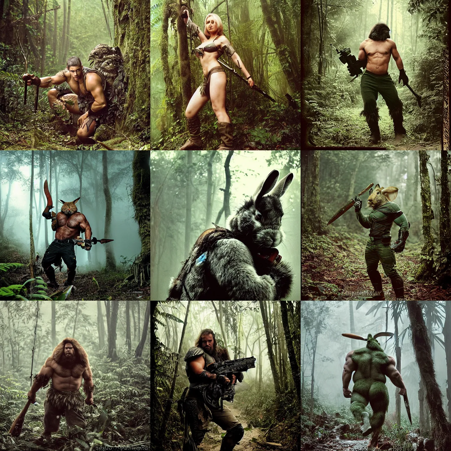 Prompt: full shot!!!!! swat armo armored hulked oversized barbarian rugged rabbit!!!, fog, in deep jungle forest jungle, overcast!!! cinematic focus, polaroid photo, vintage, neutral colors, soft lights, overcast, foggy, full shot by steve hanks, by serov valentin, by lisa yuskavage, by andrei tarkovsky