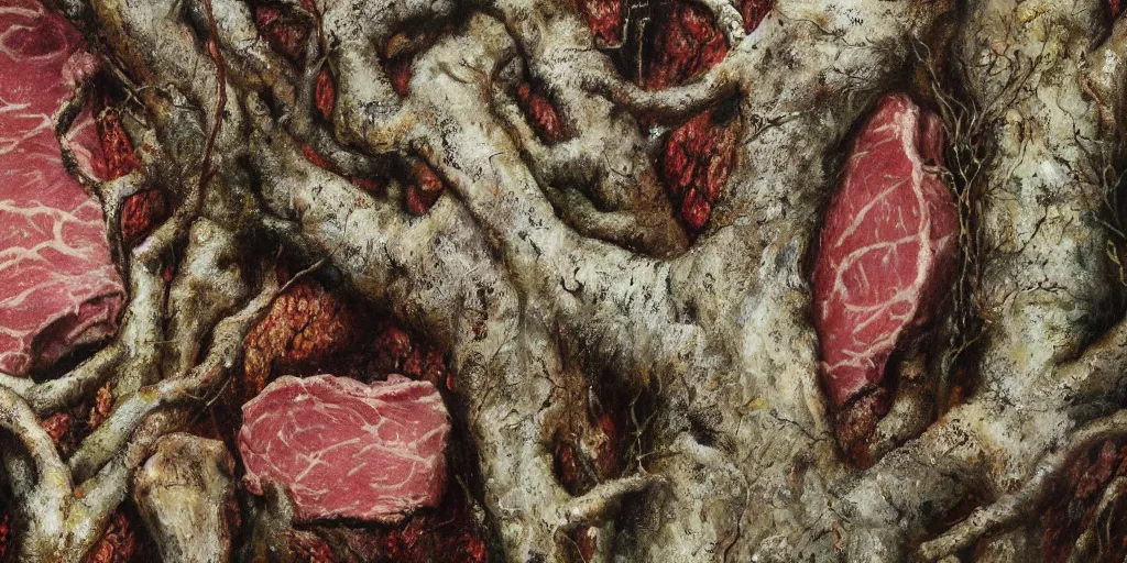 Prompt: details of flesh and skin, meat and lichens, skin texture details, painitng, bark tissues, branches and twigs, forest details, oil on canvas, 4k, 8K, photorealistic, soft spot light, cinematic lighting, sharp focus, hyperrealistic painting