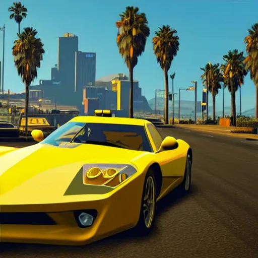 Prompt: yellow ranger in gta v cover art los santos in background, palm trees in the art style of stephen bliss, 4 k