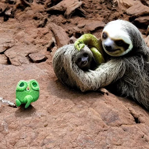 Image similar to a sloth hugging his turtle friend