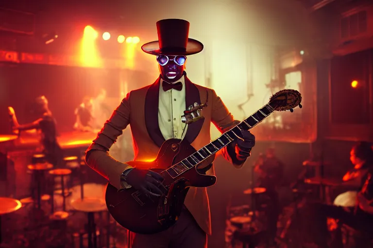 Image similar to 3 steampunk robot jazz guitarist playing at a night club, focus on the musicians, cinematic lighting, exaggerated detailed, unreal engine, octane render, trending on artstation, art by greg rutkowski, 4 k