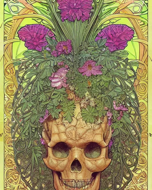 Image similar to centered Carved ancient skull with pineapple leaves growing out of the top art surrounded by varities of flowers, cell shading, voronoi, fibonacci sequence, sacred geometry by Alphonse Mucha, Moebius, hiroshi yoshida, Art Nouveau, colorful, ultradetailed, vivid colour, 3d