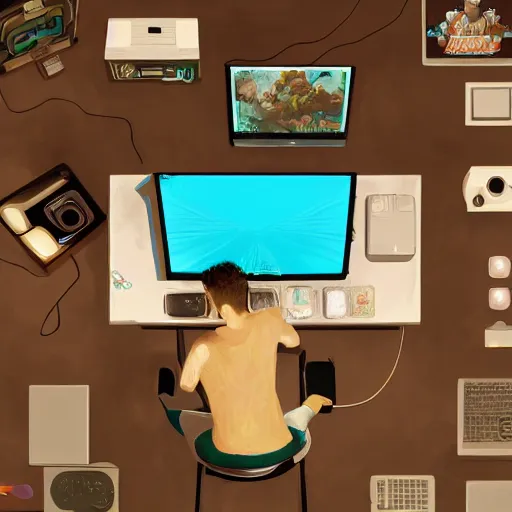 Image similar to aerial view of a guy in his bedroom surrounded by electronics computers food video games, faded effect, highly detailed, digital painting, artstation, concept art, soft light, sharp focus, illustration