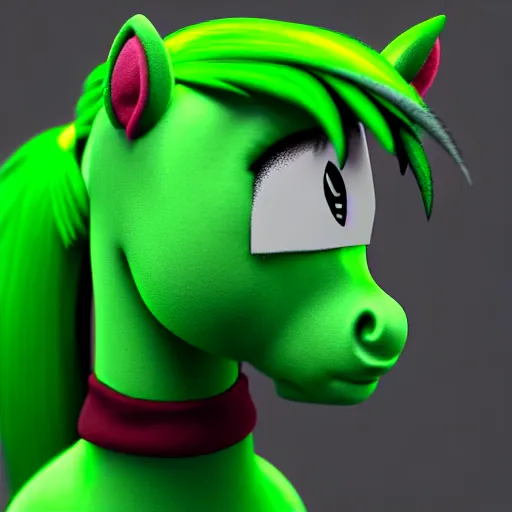 Image similar to a stoner with a black hoodie on with a marijuana themed dark green pony head from my little pony, 3 d, blender 3 d, render, extremely detailed, 8 k, stoned red eyes