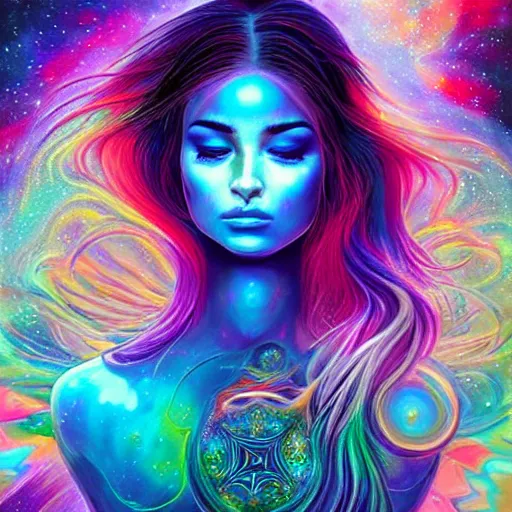 Image similar to a galaxy colored psychedelic chakra awakening kundalini ethereal portrait of kim petras with her eyes closed transcending to a higher plane of existence, eternal blessing, multiverse, by android jones, by ben ridgeway, visionary art, by artgerm, featured on artstation, cgsociety, by greg rutkowski