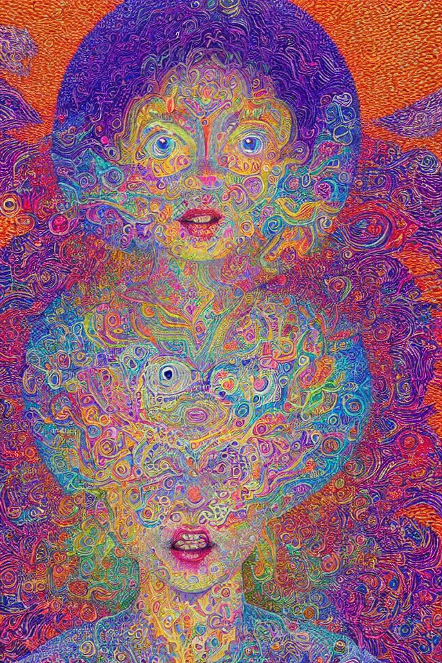 Image similar to a happy beautiful wise spirit goddess in the shape of a heart, meditation, 3 2 k resolution, good vibes, perfect lighting, billions of details, made out of small cubes of love, pointillism, fabric embroidery, stunning artwork, android jones, chris dyer, alex grey, trending on artstation, award winner